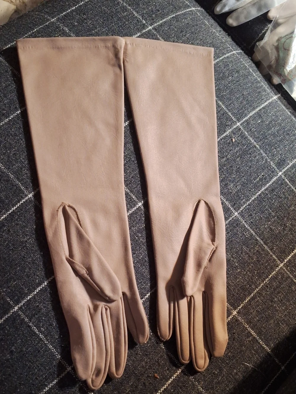 Long Tan Leather Look Gloves 15